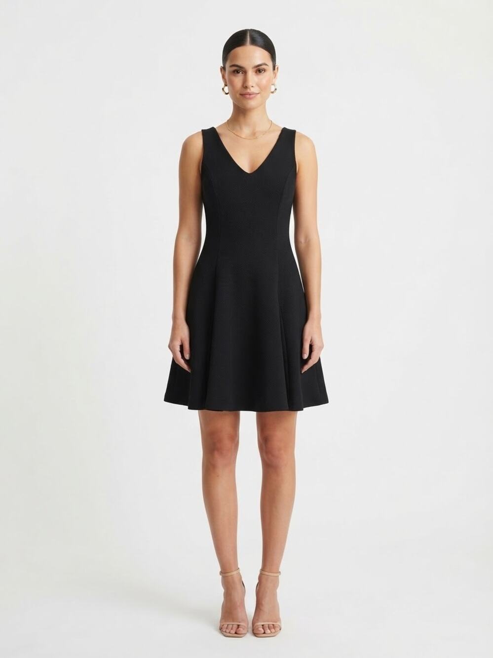 Aqua Black Mini Dress Textured Fit and Flare V-Neck Sleeveless Skater Graduation